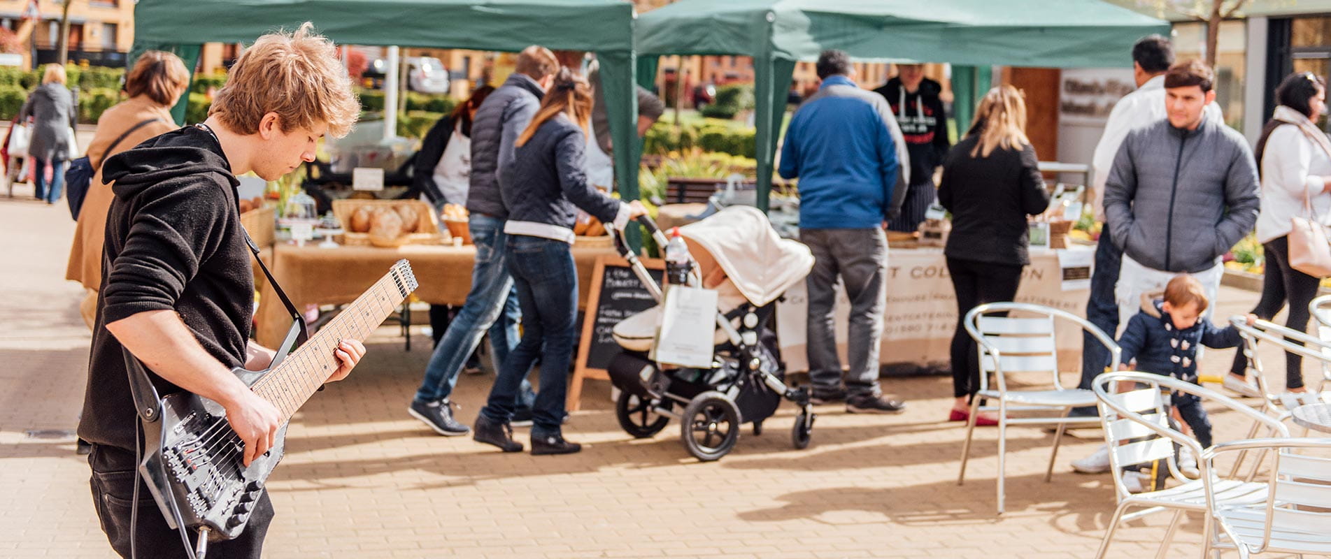 Image of guitarist playing in a street market